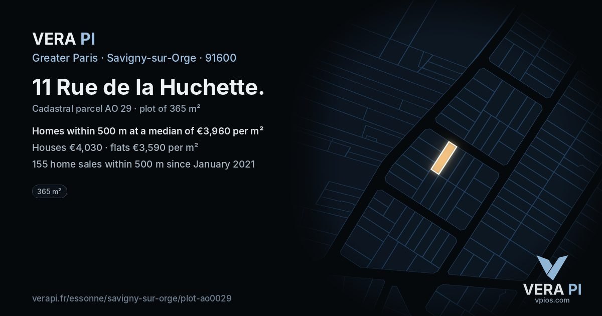 11 Rue de la Huchette, Savigny-sur-Orge at night – the plot lit, the parcels around coloured by the prices near them