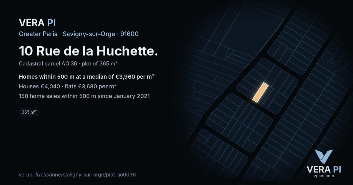 10 Rue de la Huchette, Savigny-sur-Orge at night – the plot lit, the parcels around coloured by the prices near them