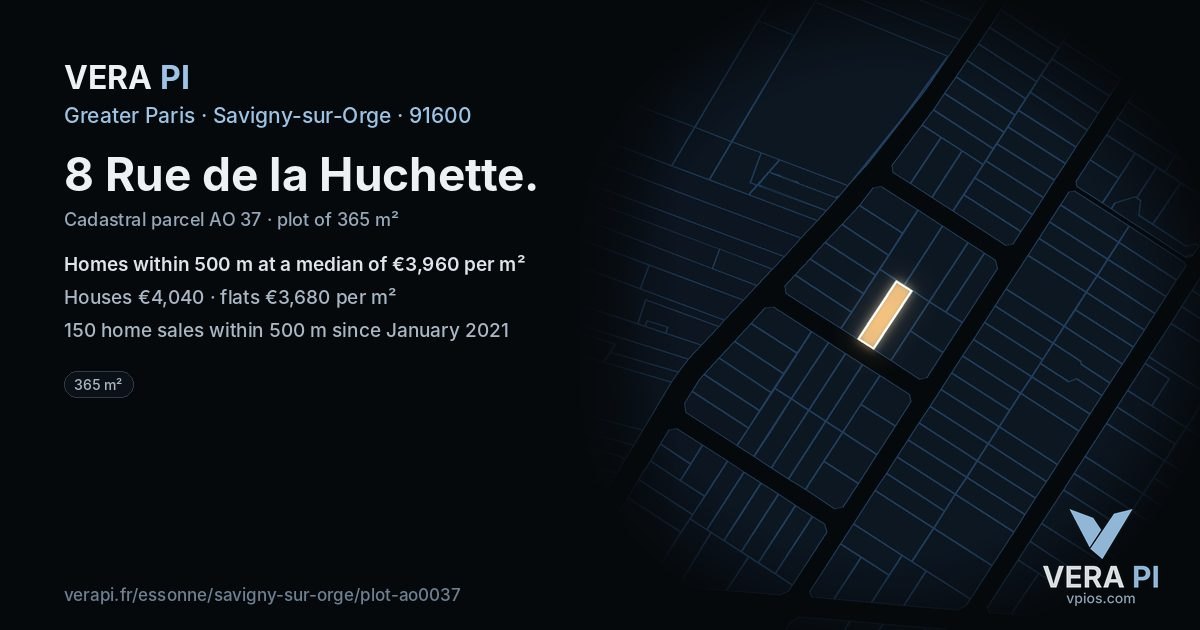 8 Rue de la Huchette, Savigny-sur-Orge at night – the plot lit, the parcels around coloured by the prices near them