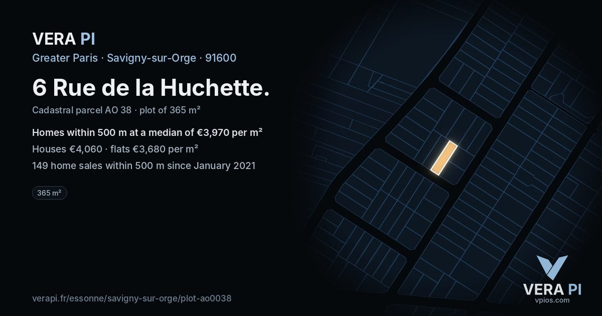 6 Rue de la Huchette, Savigny-sur-Orge at night – the plot lit, the parcels around coloured by the prices near them