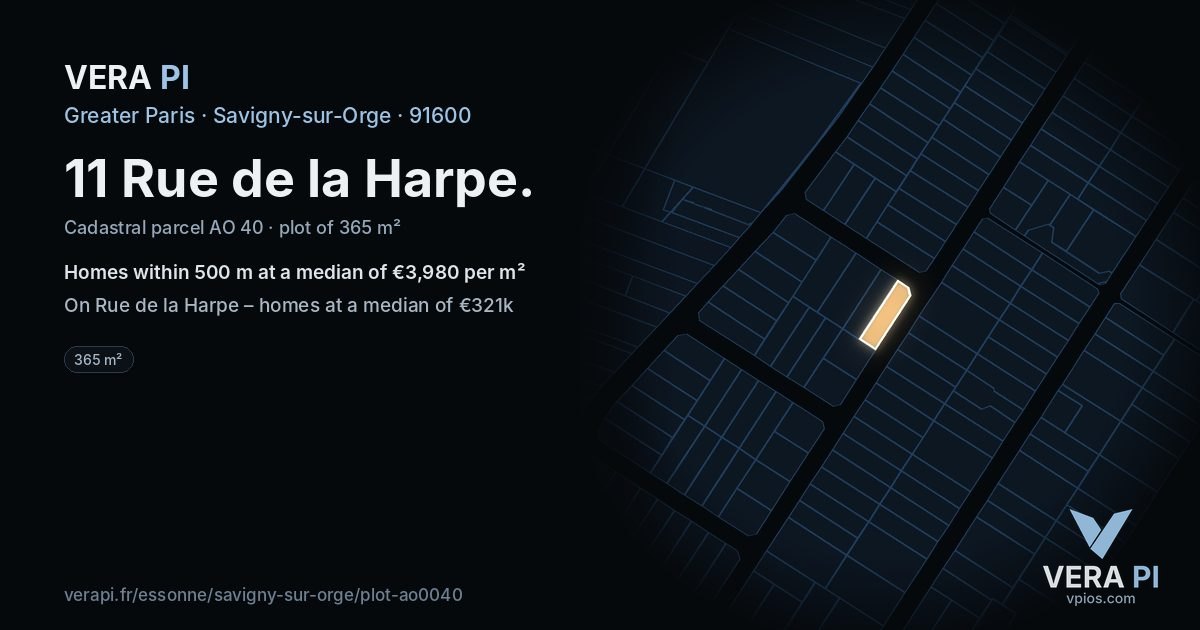 11 Rue de la Harpe, Savigny-sur-Orge at night – the plot lit, the parcels around coloured by the prices near them