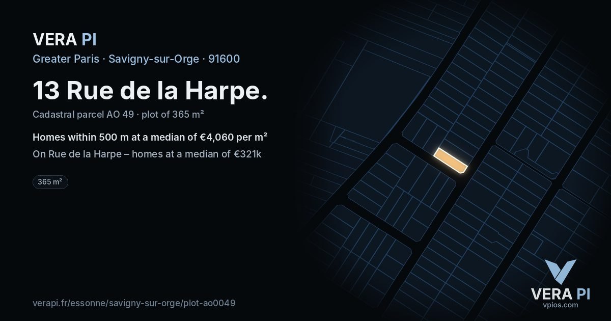 13 Rue de la Harpe, Savigny-sur-Orge at night – the plot lit, the parcels around coloured by the prices near them