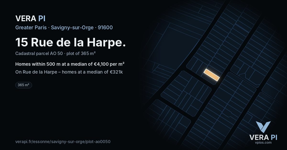15 Rue de la Harpe, Savigny-sur-Orge at night – the plot lit, the parcels around coloured by the prices near them