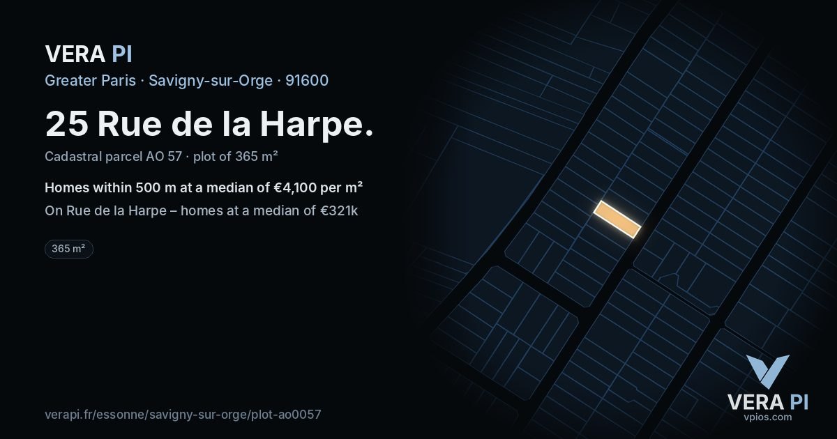 25 Rue de la Harpe, Savigny-sur-Orge at night – the plot lit, the parcels around coloured by the prices near them