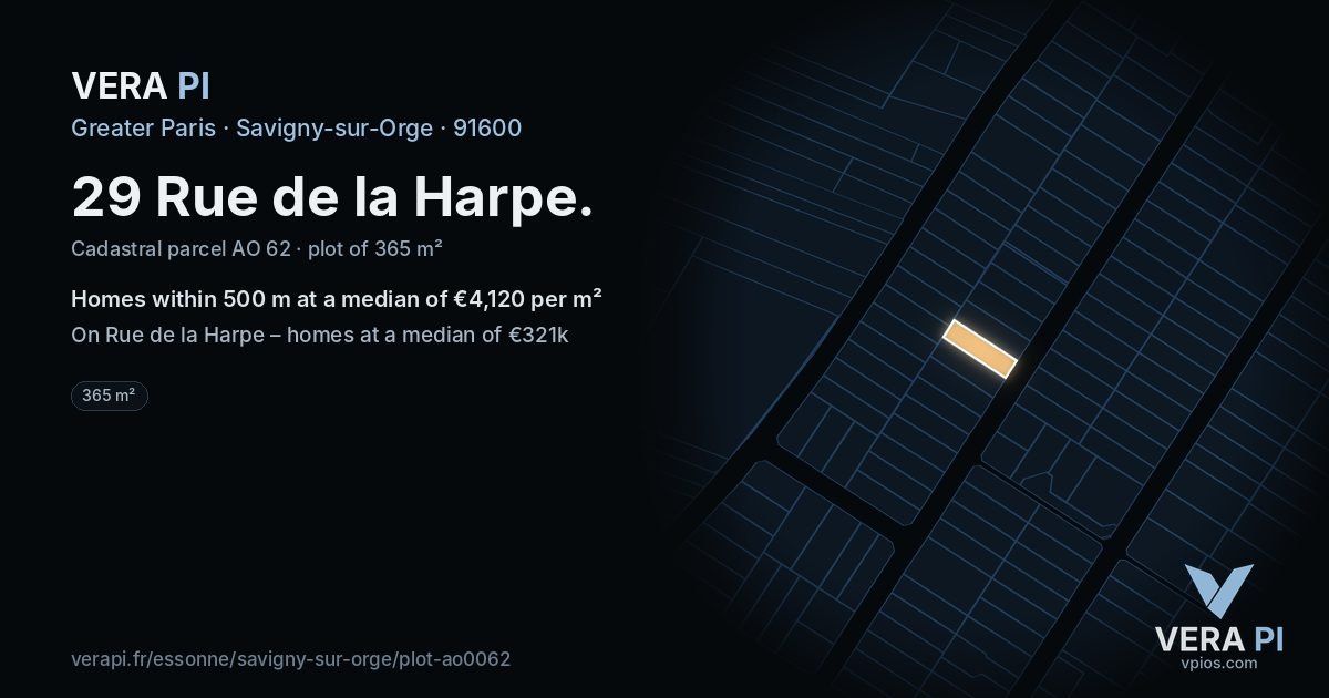 29 Rue de la Harpe, Savigny-sur-Orge at night – the plot lit, the parcels around coloured by the prices near them
