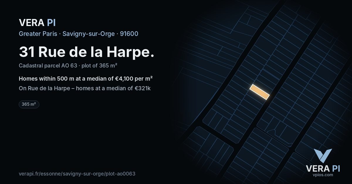 31 Rue de la Harpe, Savigny-sur-Orge at night – the plot lit, the parcels around coloured by the prices near them