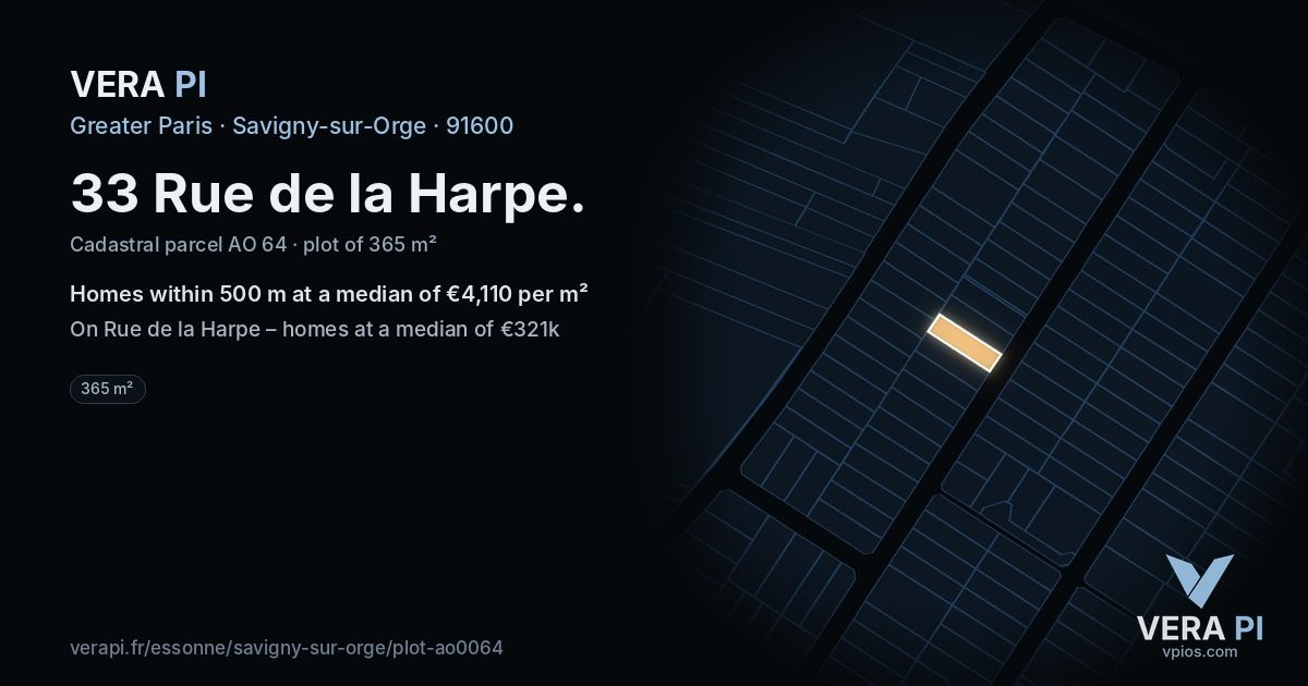 33 Rue de la Harpe, Savigny-sur-Orge at night – the plot lit, the parcels around coloured by the prices near them