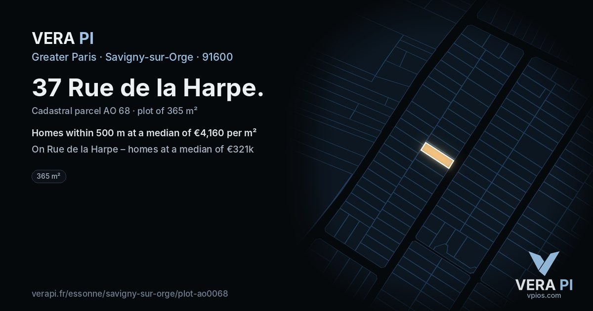 37 Rue de la Harpe, Savigny-sur-Orge at night – the plot lit, the parcels around coloured by the prices near them