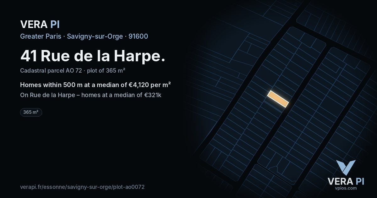41 Rue de la Harpe, Savigny-sur-Orge at night – the plot lit, the parcels around coloured by the prices near them