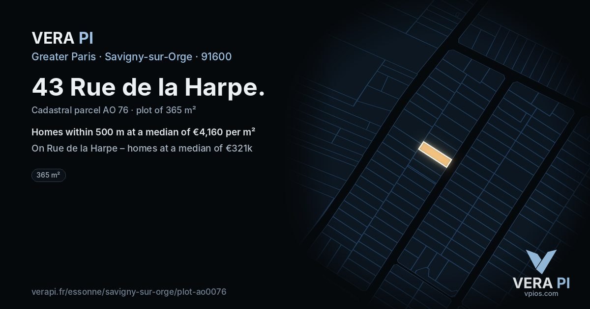 43 Rue de la Harpe, Savigny-sur-Orge at night – the plot lit, the parcels around coloured by the prices near them