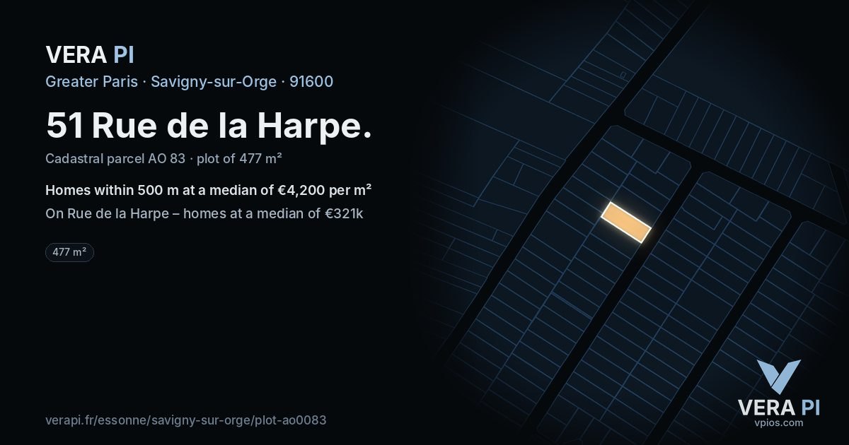 51 Rue de la Harpe, Savigny-sur-Orge at night – the plot lit, the parcels around coloured by the prices near them