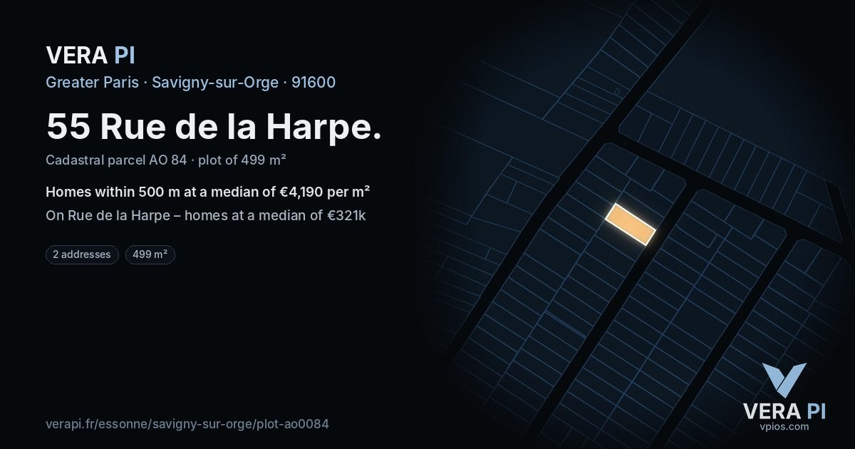55 Rue de la Harpe, Savigny-sur-Orge at night – the plot lit, the parcels around coloured by the prices near them