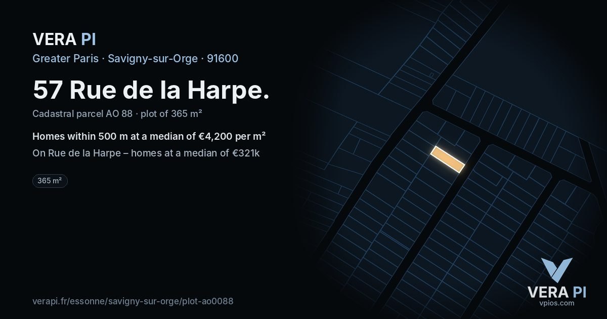 57 Rue de la Harpe, Savigny-sur-Orge at night – the plot lit, the parcels around coloured by the prices near them