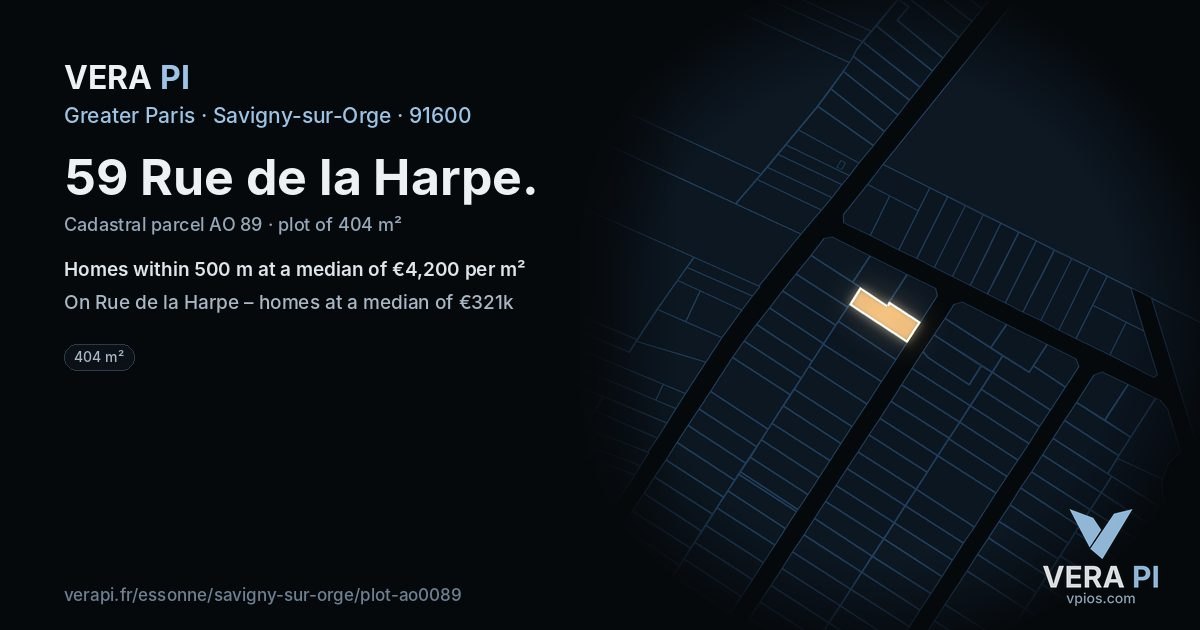 59 Rue de la Harpe, Savigny-sur-Orge at night – the plot lit, the parcels around coloured by the prices near them