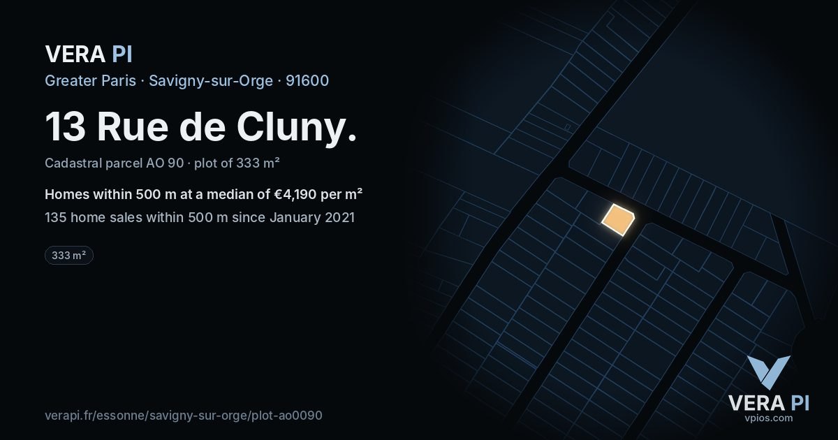13 Rue de Cluny, Savigny-sur-Orge at night – the plot lit, the parcels around coloured by the prices near them
