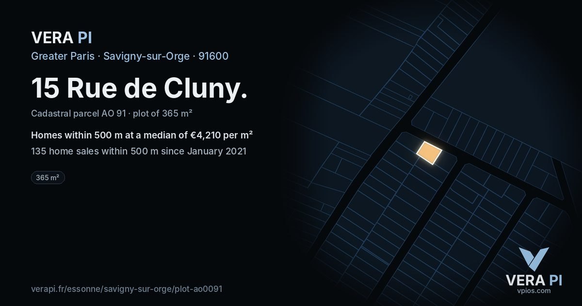 15 Rue de Cluny, Savigny-sur-Orge at night – the plot lit, the parcels around coloured by the prices near them