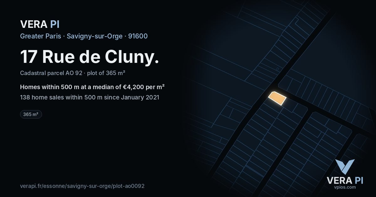 17 Rue de Cluny, Savigny-sur-Orge at night – the plot lit, the parcels around coloured by the prices near them