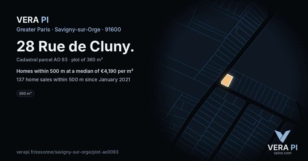28 Rue de Cluny, Savigny-sur-Orge at night – the plot lit, the parcels around coloured by the prices near them