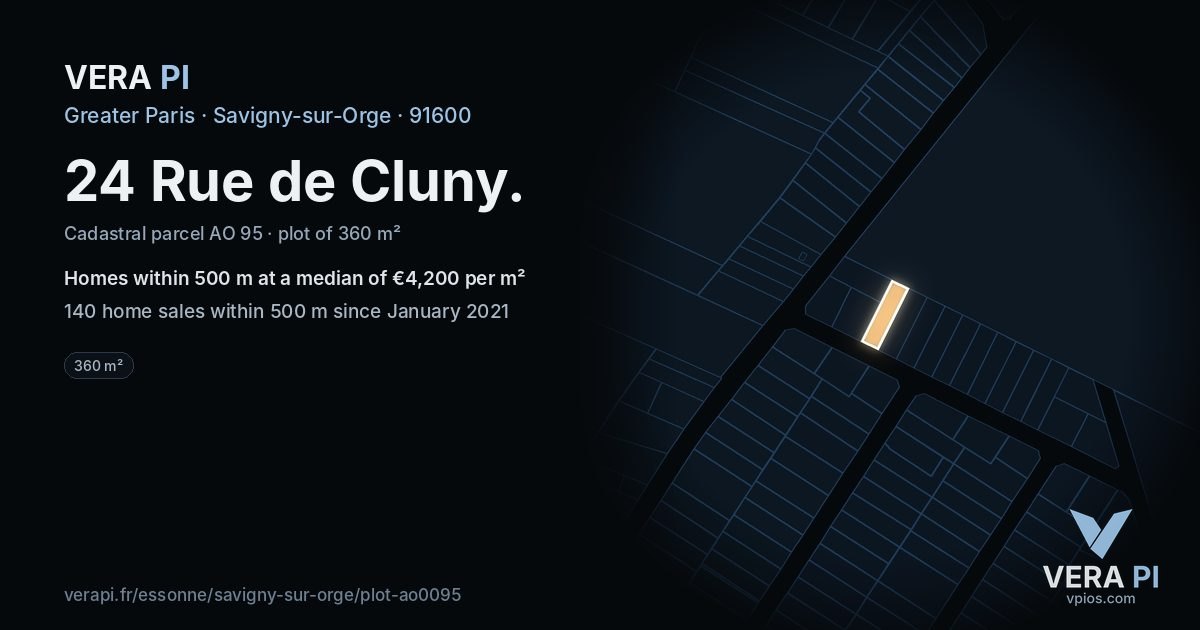 24 Rue de Cluny, Savigny-sur-Orge at night – the plot lit, the parcels around coloured by the prices near them