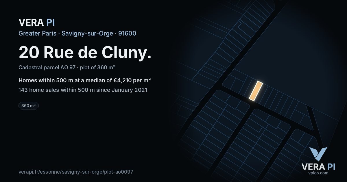 20 Rue de Cluny, Savigny-sur-Orge at night – the plot lit, the parcels around coloured by the prices near them