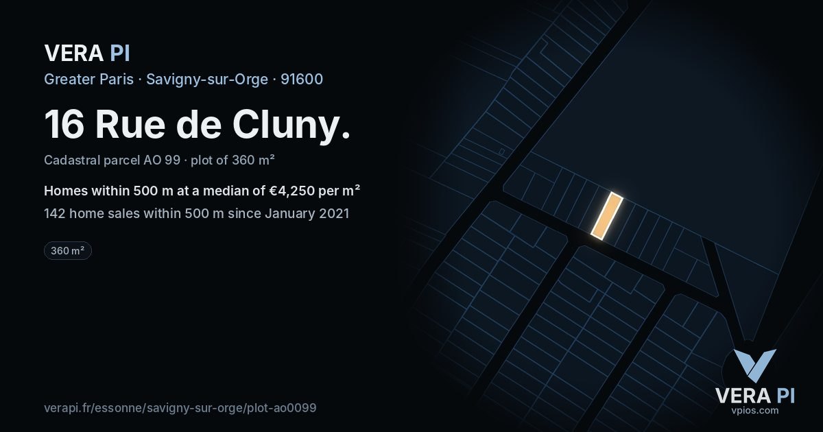 16 Rue de Cluny, Savigny-sur-Orge at night – the plot lit, the parcels around coloured by the prices near them