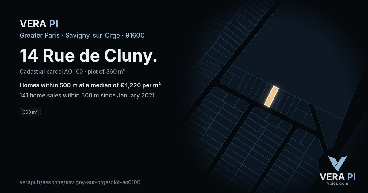 14 Rue de Cluny, Savigny-sur-Orge at night – the plot lit, the parcels around coloured by the prices near them