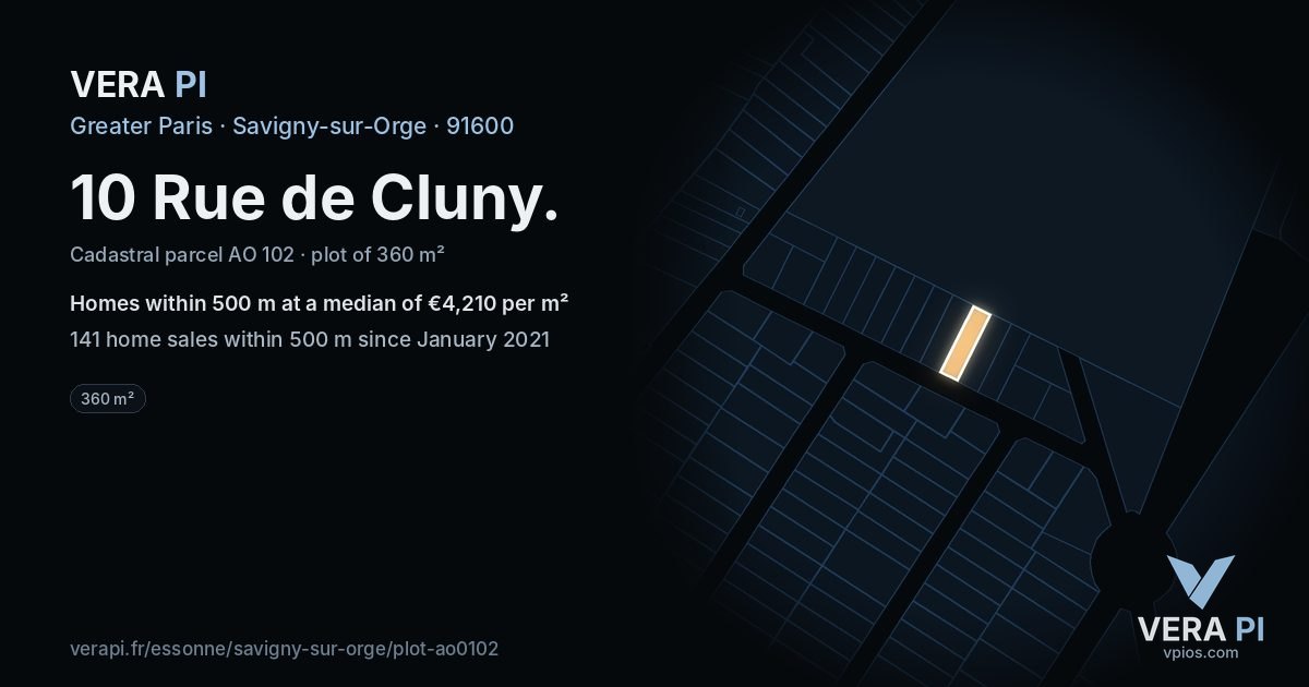 10 Rue de Cluny, Savigny-sur-Orge at night – the plot lit, the parcels around coloured by the prices near them