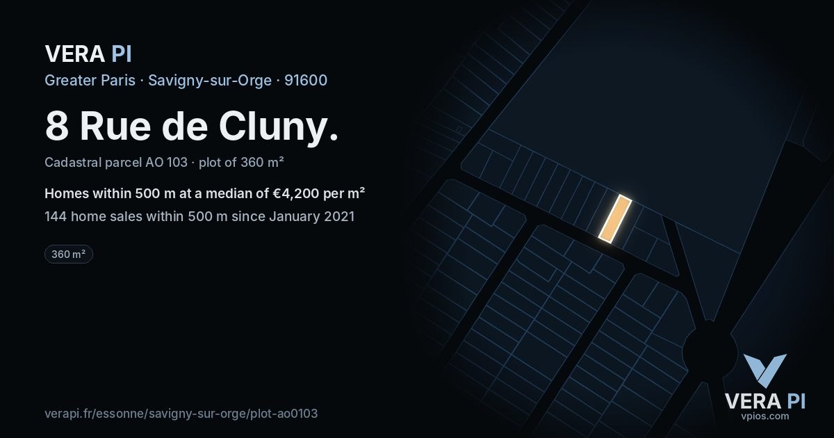 8 Rue de Cluny, Savigny-sur-Orge at night – the plot lit, the parcels around coloured by the prices near them