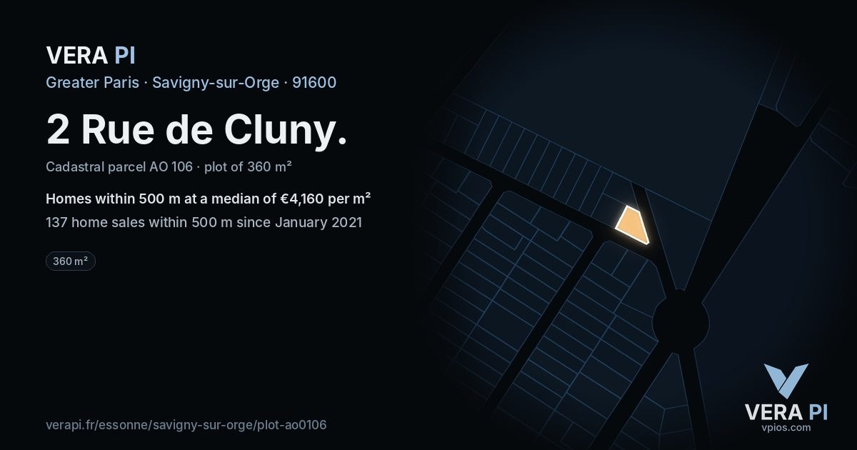 2 Rue de Cluny, Savigny-sur-Orge at night – the plot lit, the parcels around coloured by the prices near them