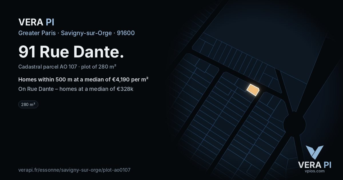 91 Rue Dante, Savigny-sur-Orge at night – the plot lit, the parcels around coloured by the prices near them