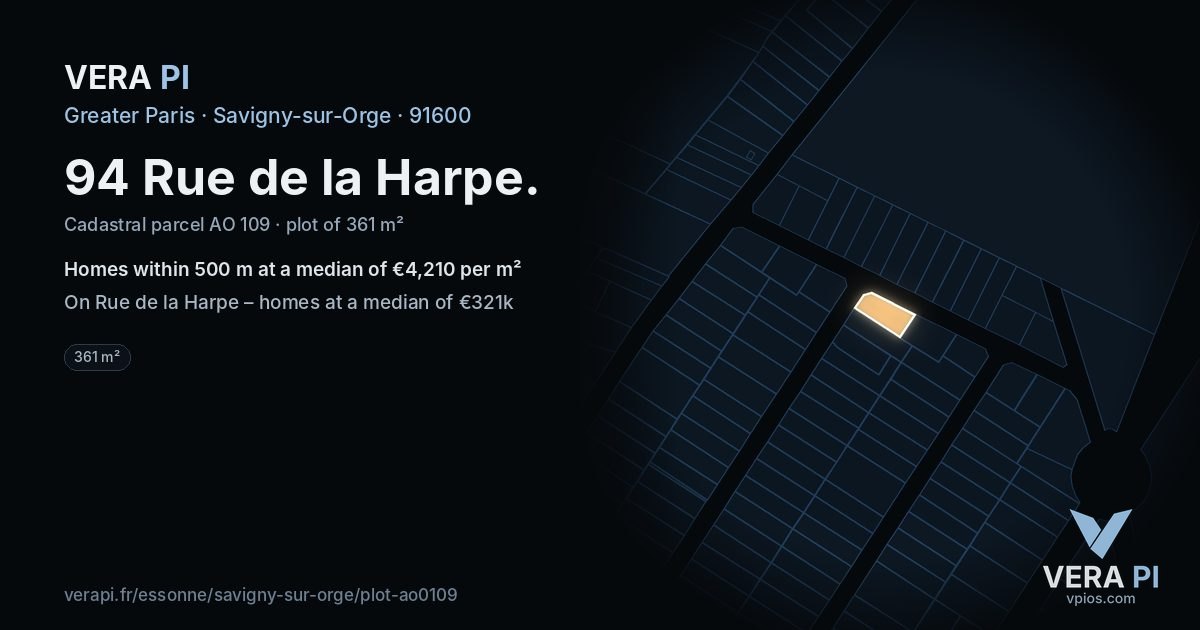 94 Rue de la Harpe, Savigny-sur-Orge at night – the plot lit, the parcels around coloured by the prices near them
