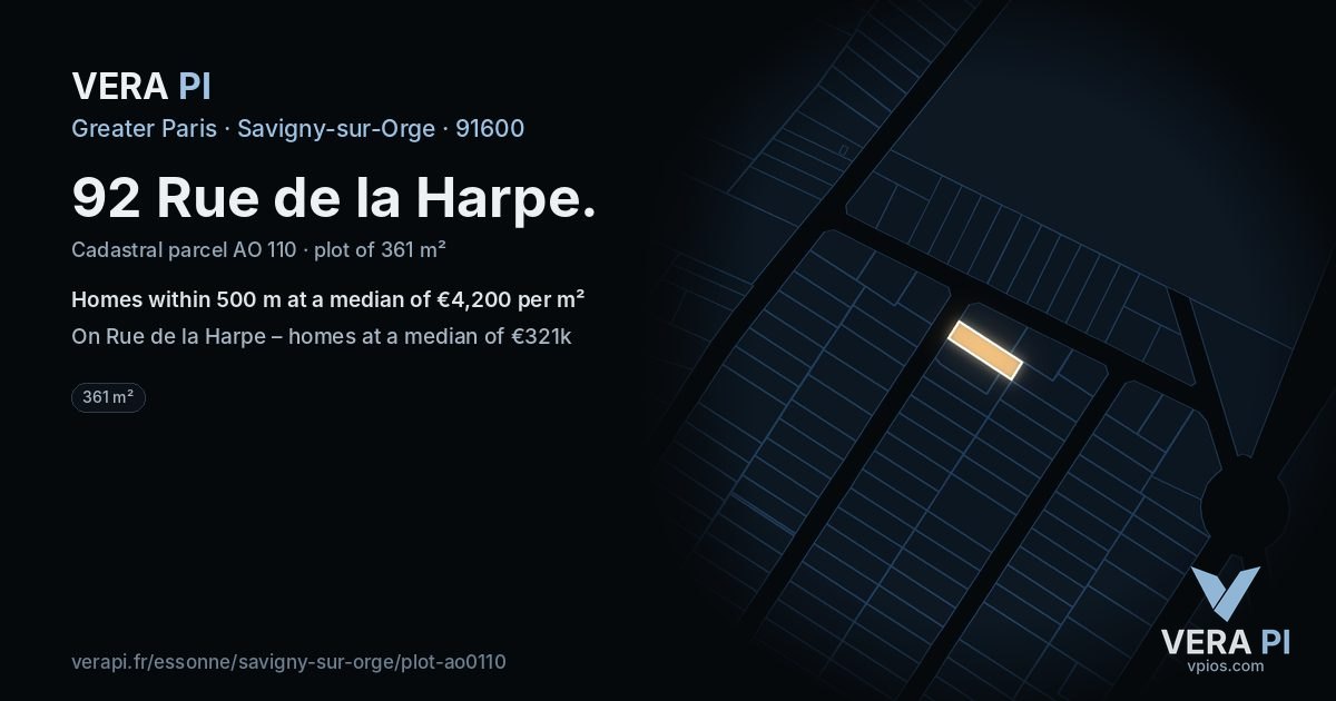 92 Rue de la Harpe, Savigny-sur-Orge at night – the plot lit, the parcels around coloured by the prices near them