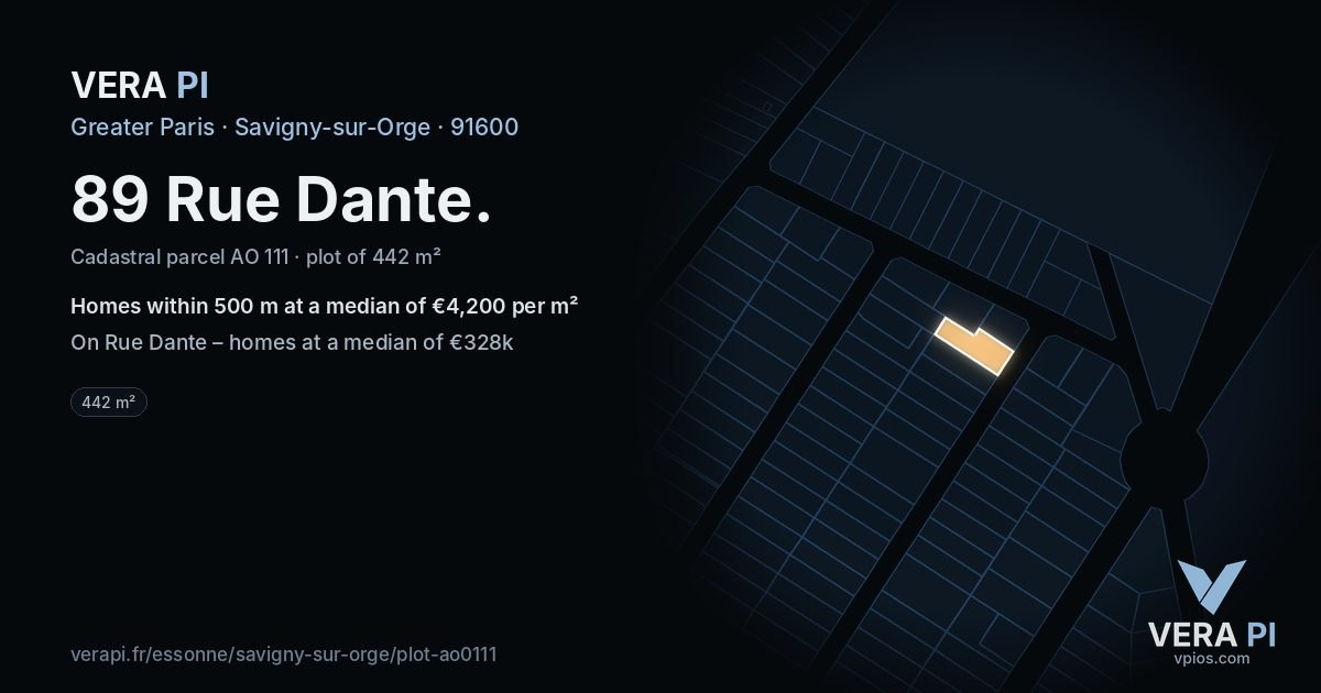 89 Rue Dante, Savigny-sur-Orge at night – the plot lit, the parcels around coloured by the prices near them