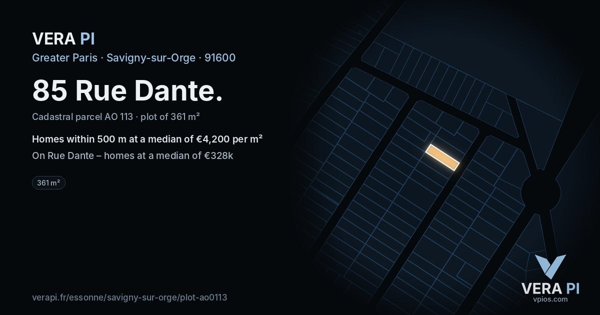 85 Rue Dante, Savigny-sur-Orge at night – the plot lit, the parcels around coloured by the prices near them