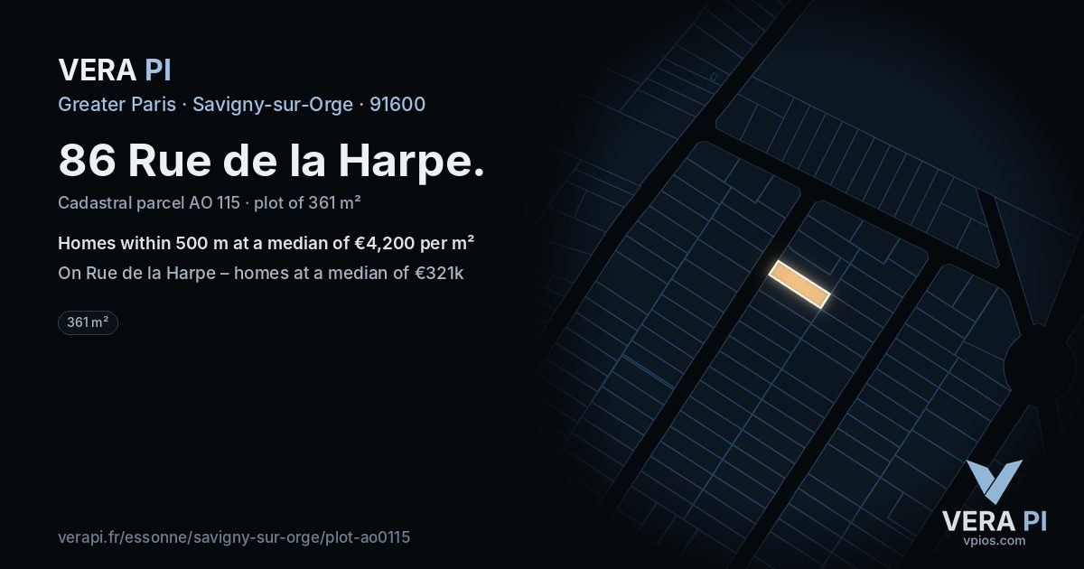 86 Rue de la Harpe, Savigny-sur-Orge at night – the plot lit, the parcels around coloured by the prices near them