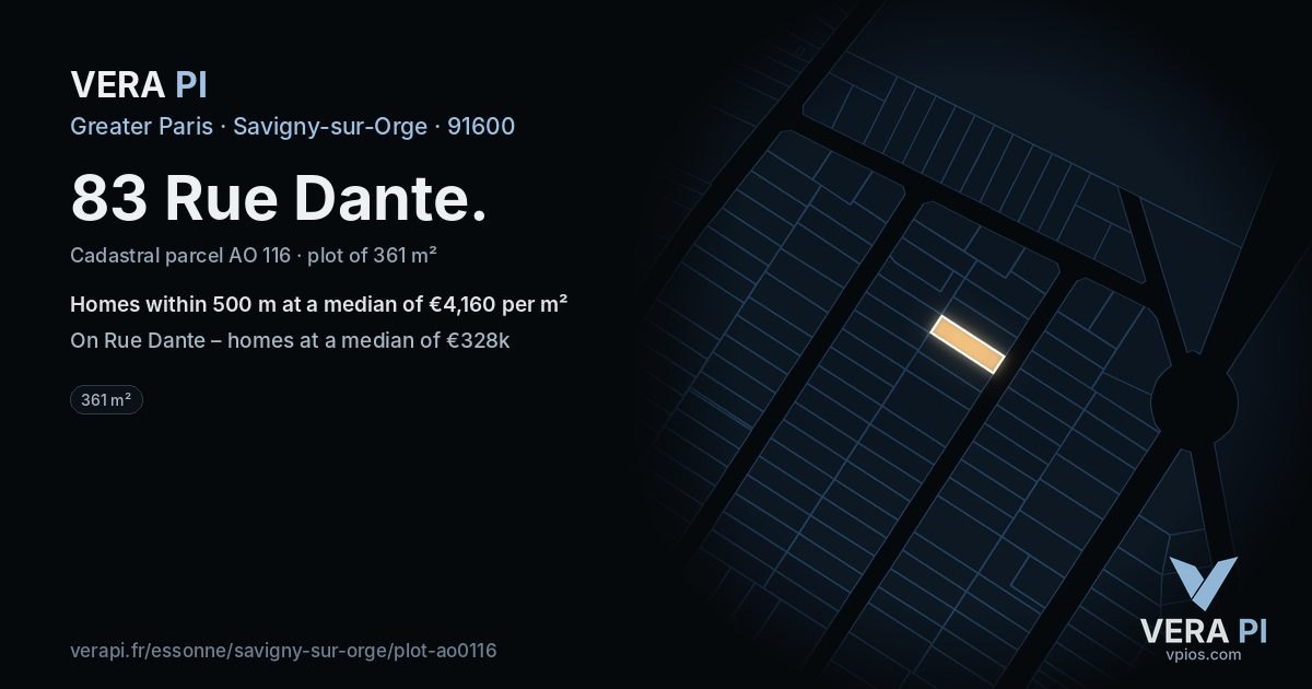 83 Rue Dante, Savigny-sur-Orge at night – the plot lit, the parcels around coloured by the prices near them