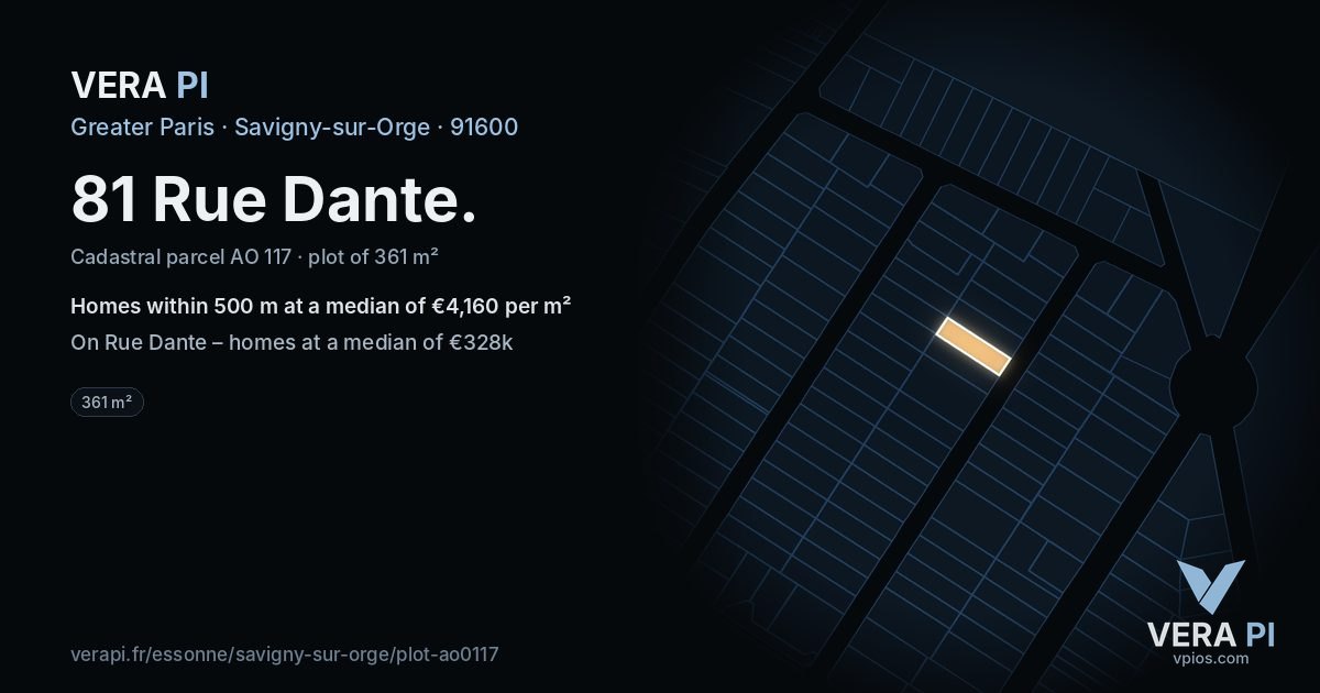 81 Rue Dante, Savigny-sur-Orge at night – the plot lit, the parcels around coloured by the prices near them
