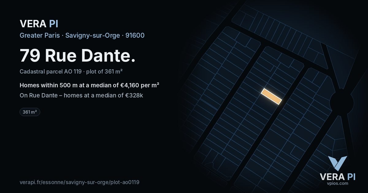 79 Rue Dante, Savigny-sur-Orge at night – the plot lit, the parcels around coloured by the prices near them