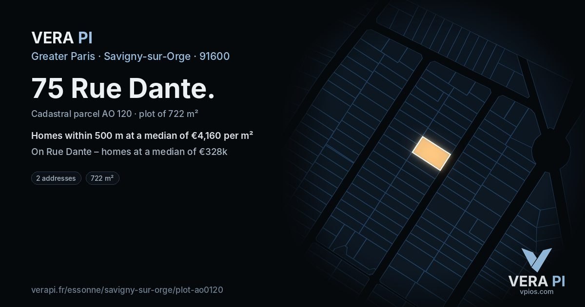 75 Rue Dante, Savigny-sur-Orge at night – the plot lit, the parcels around coloured by the prices near them