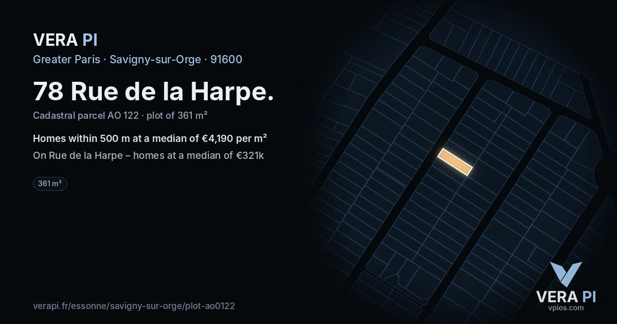 78 Rue de la Harpe, Savigny-sur-Orge at night – the plot lit, the parcels around coloured by the prices near them