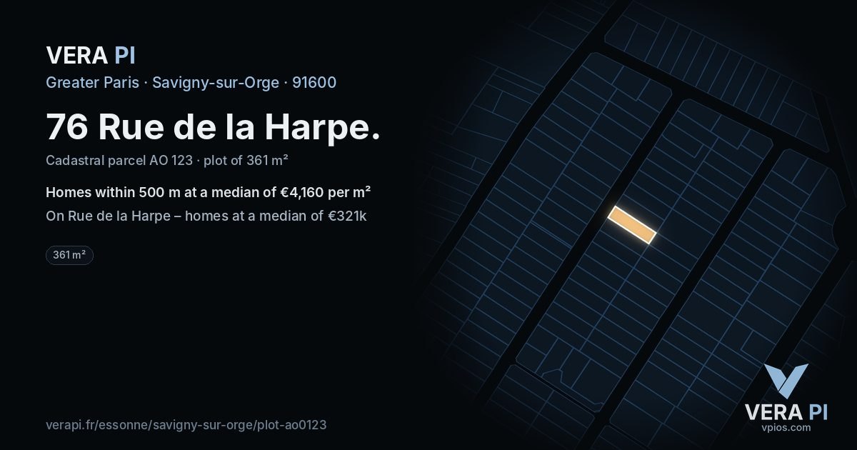76 Rue de la Harpe, Savigny-sur-Orge at night – the plot lit, the parcels around coloured by the prices near them
