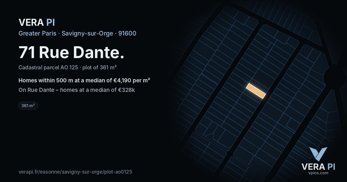 71 Rue Dante, Savigny-sur-Orge at night – the plot lit, the parcels around coloured by the prices near them