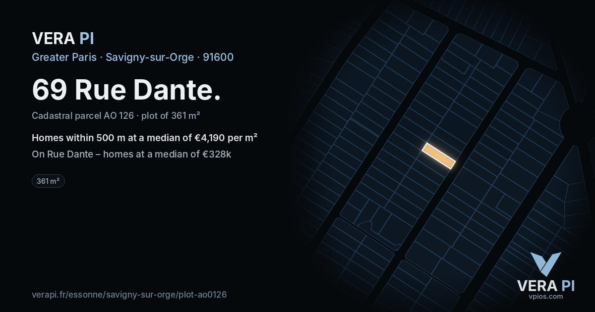 69 Rue Dante, Savigny-sur-Orge at night – the plot lit, the parcels around coloured by the prices near them