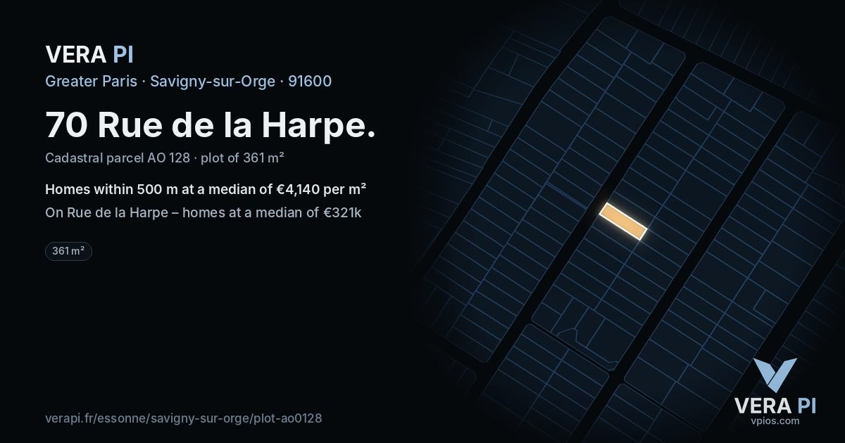 70 Rue de la Harpe, Savigny-sur-Orge at night – the plot lit, the parcels around coloured by the prices near them
