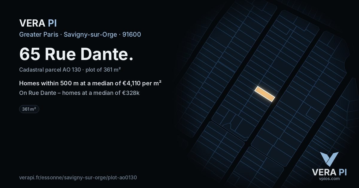 65 Rue Dante, Savigny-sur-Orge at night – the plot lit, the parcels around coloured by the prices near them