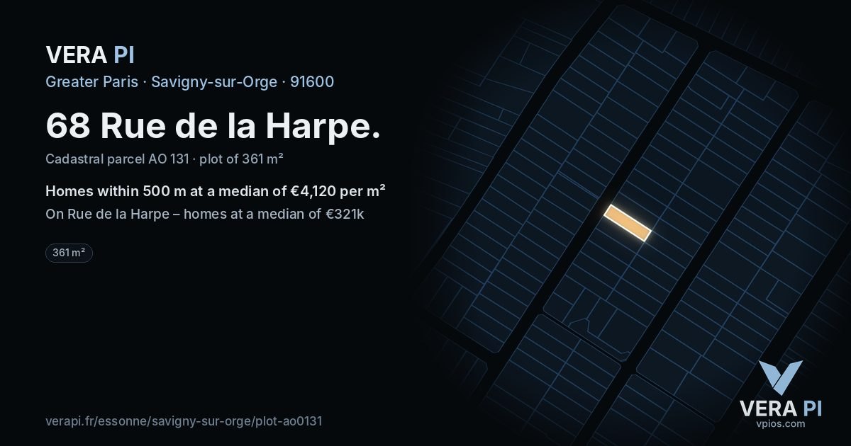 68 Rue de la Harpe, Savigny-sur-Orge at night – the plot lit, the parcels around coloured by the prices near them
