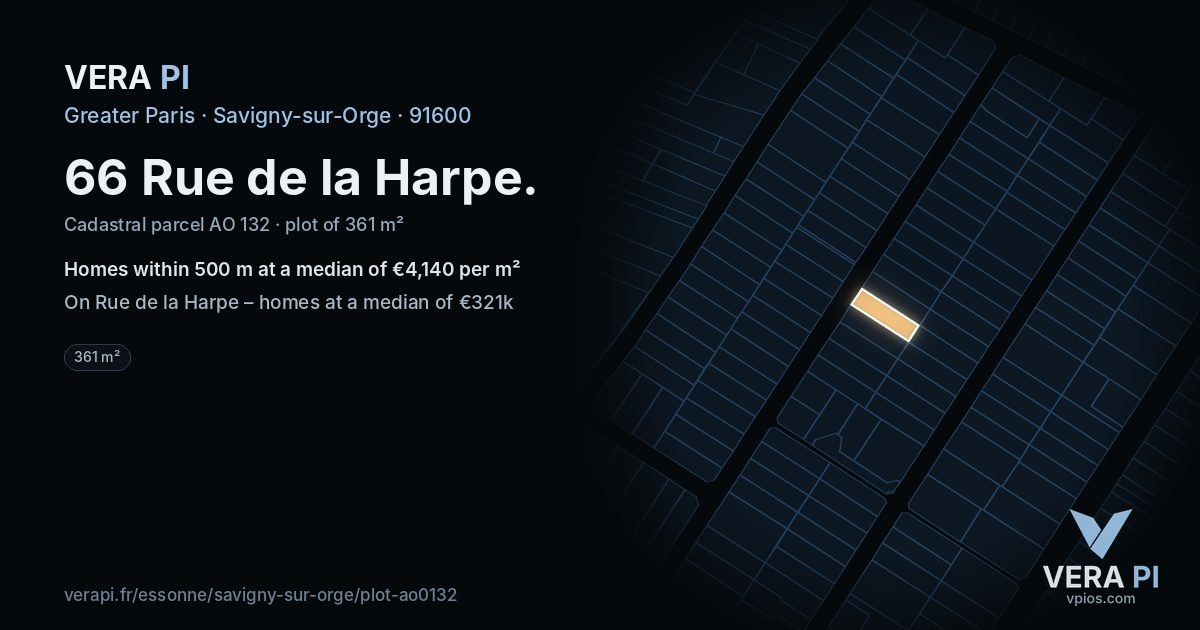 66 Rue de la Harpe, Savigny-sur-Orge at night – the plot lit, the parcels around coloured by the prices near them