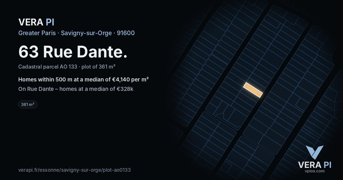 63 Rue Dante, Savigny-sur-Orge at night – the plot lit, the parcels around coloured by the prices near them