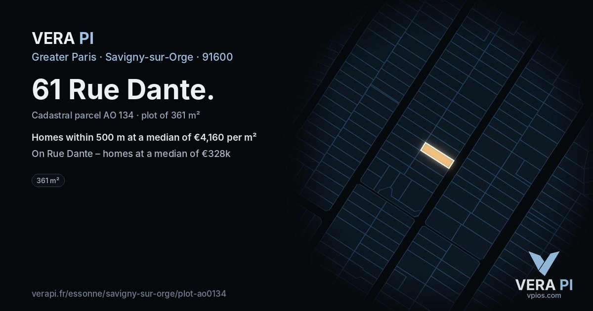 61 Rue Dante, Savigny-sur-Orge at night – the plot lit, the parcels around coloured by the prices near them