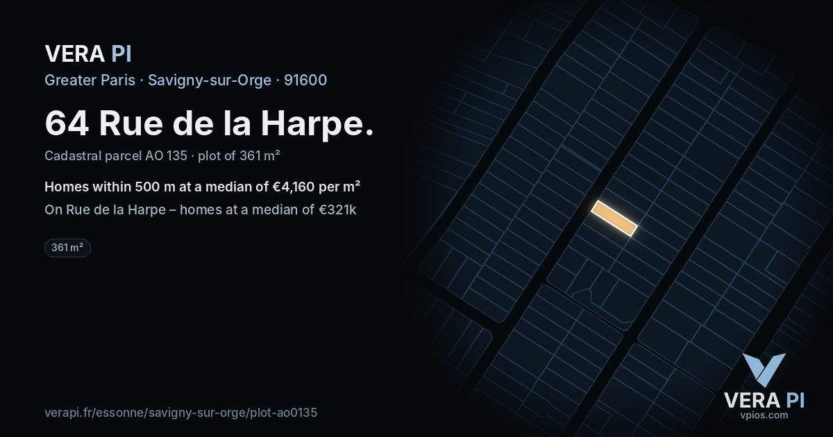 64 Rue de la Harpe, Savigny-sur-Orge at night – the plot lit, the parcels around coloured by the prices near them